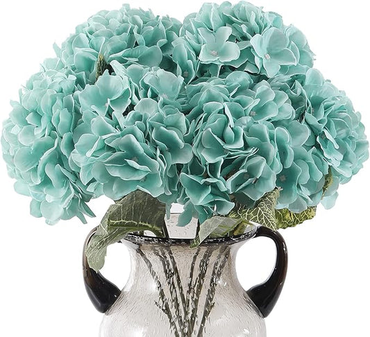 Kimura's Cabin Fake Flowers 2 Pcs Vintage Artificial Silk Hydrangea Flowers Bouquets 5 Heads for Home Table Centerpieces Wedding Party Decoration (Tiffany, Pack of 2)