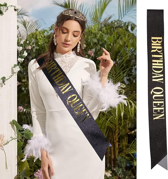 Black & Gold Party Decorations - Happy Birthday Crown Tiara Sash, Women's Party Supplies