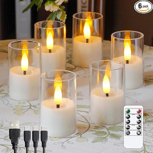 Rechargeable Acrylic Flameless Votive Candles with Timer & Remote Control, 1.7" x2.5" Flickering LED Warm Glow Tealight for Home, Wedding, Holiday Decor (Set of 6, White)