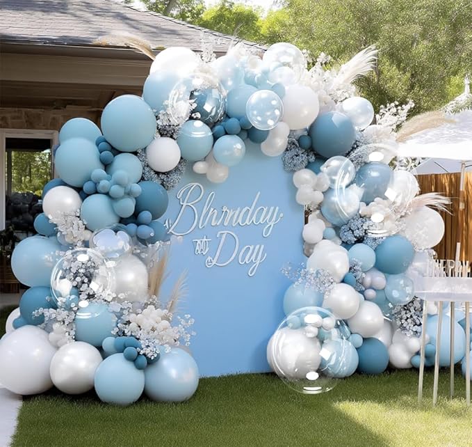 Dusty Blue and White Balloons Garland Double Stuffed Pearl Light Blue Bobo Balloon Arch Kit for Birthday Baby Shower Wedding Bridal Cinderella Frozen Winter Party Decorations