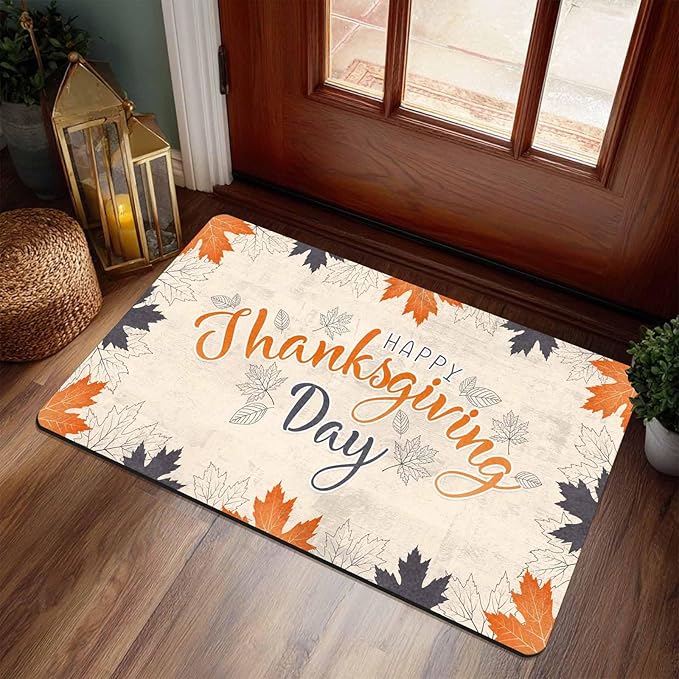 Fall Welcome Maple Leafs Decorative Door Mat, Autumn Thanksgiving Doormat for Indoor Outdoor Entrance Floor Mats,Fall Pumpkins Non Slip Harvest Vintage Decor Rubber Welcome Mats 30" x 18" Inch