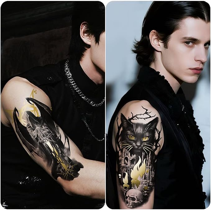 42 Sheets Metallic Gothic Temporary Tattoo for Women Men, 12 Half Arm Golden Skull Cat Floral Fake Tattoos, 30 Black Glitter Rose Butterfly Spider Halloween Tiny Adult Kid Body Tattoos Stickers