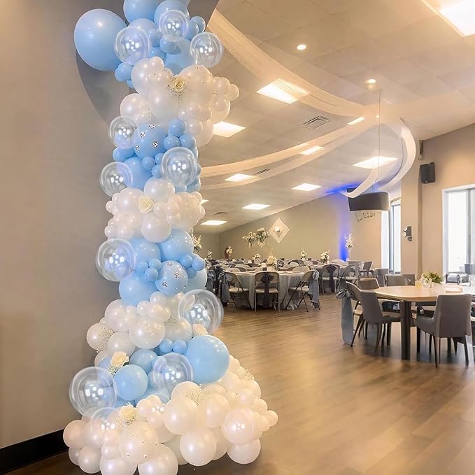 Pastel Blue White Balloons Garland Arch Kit, 104PCS Double Stuffed Pearl White Balloons, Light Baby Blue Clear Balloon for Bridal Shower Baby Birthday Bachelorette Wedding Engagement Party Decorations
