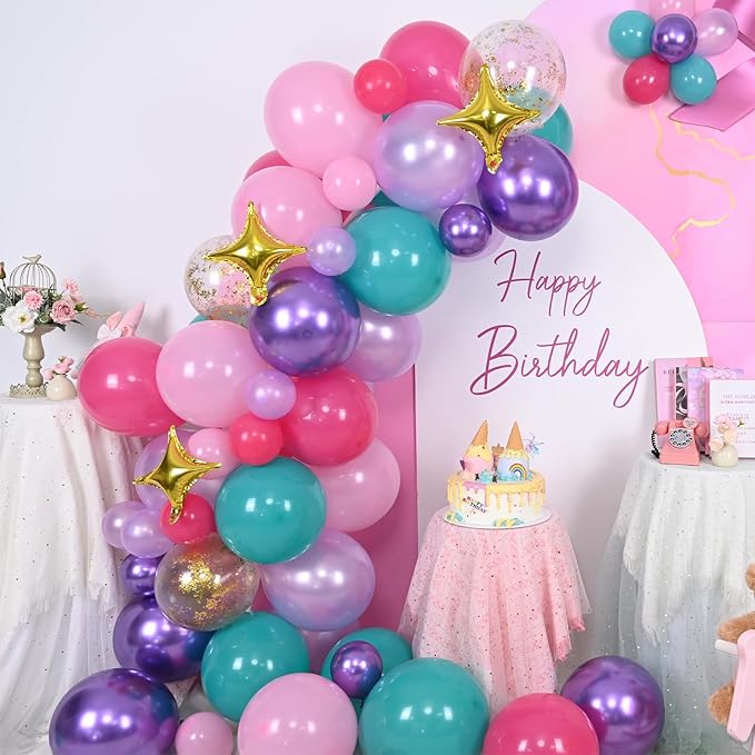 Pink Purple Blue Balloon Arch Kit Teal Hot Pink Metallic Purple Party Latex Balloon Garland with Confetti and Star Foil Balloons for Girls Princess Birthday Baby Shower Neon Party Decorations