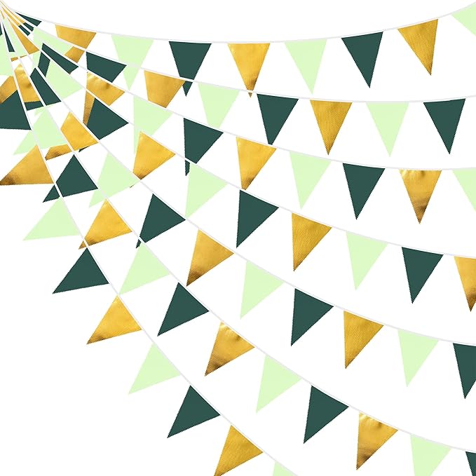 32Ft Dark Green and Gold Decorations Olive Green and Gold Triangle Flag Fabric Banner Pennant Bunting Garland Streamers for Wedding Baby Shower Birthday Home Nursery Outdoor Garden Party Decoration