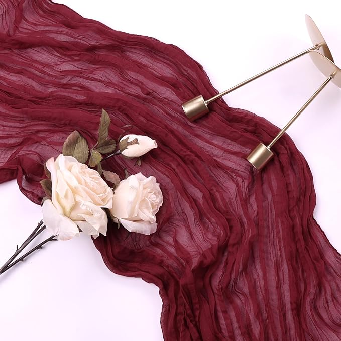 12 Pack Burgundy Cheesecloth Table Runner 10FT Boho Gauze Cheese Cloth Fabric 35 x 120 Inch Rustic Sheer for Christmas Fall Thanksgiving Centerpiece Wedding Decor Baby Shower Party Decoration