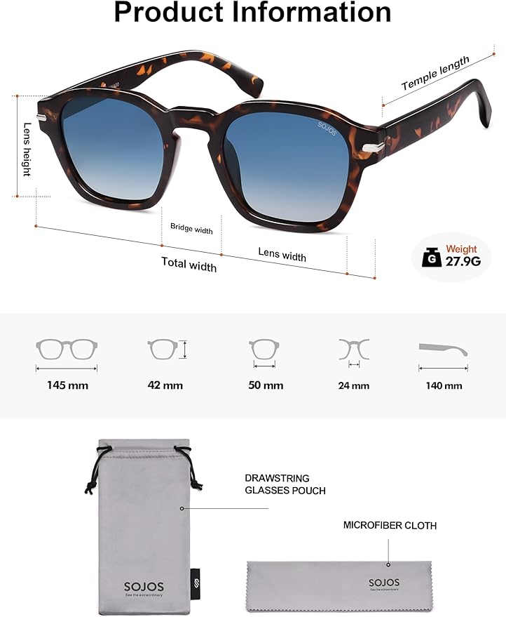 SOJOS Vintage Retro Square Polarized Sunglasses Men Standard Fit Trendy Womens Sun Glasses SJ2382