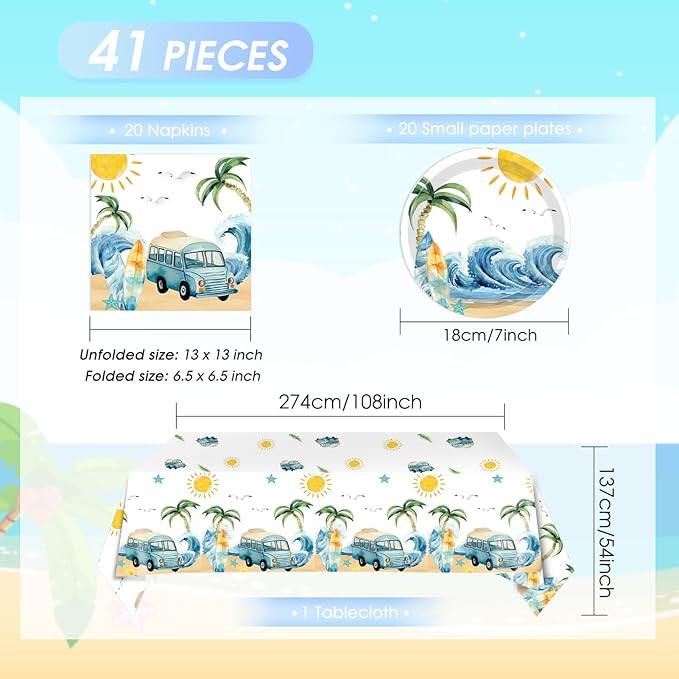 41Pcs Summer Beach Surf First Birthday Decorations for Boy,The Big One Birthday Party Supplies Dessert Plates Napkins Tablecloth丨 Surfs Up Baby Boy First Birthday Decorations,Serves 20