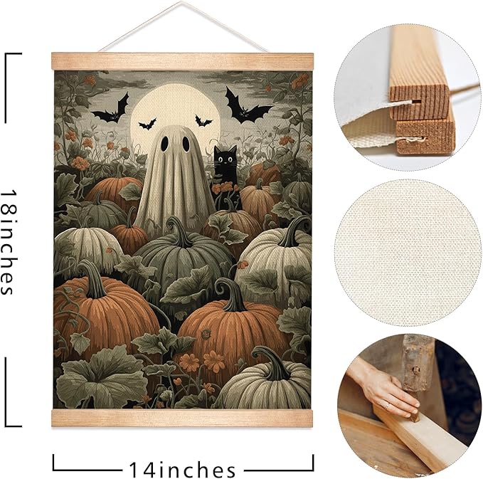 Halloween Ghost and Black Cat Pumpkin Field Wall Art, 18.5x14 Inch Gothic Halloween Linen Canvas Print, Vintage Spooky Fall Decor, Retro Witch Gothic Wall Hanging Poster for Living Room Kitchen (BLK11)