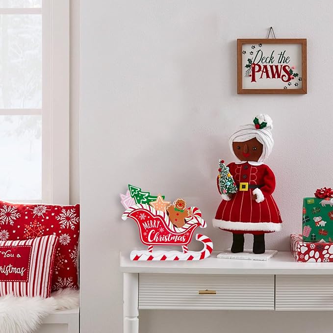 Christmas Decorations for Home Farmhouse Gingerbread Sleigh Decor Indoor Wooden Merry Christmas Sign Rustic Winter Vintage Holiday Block Tabletop for Kitchen Xmas Party Mantel Tiered Tray Gift