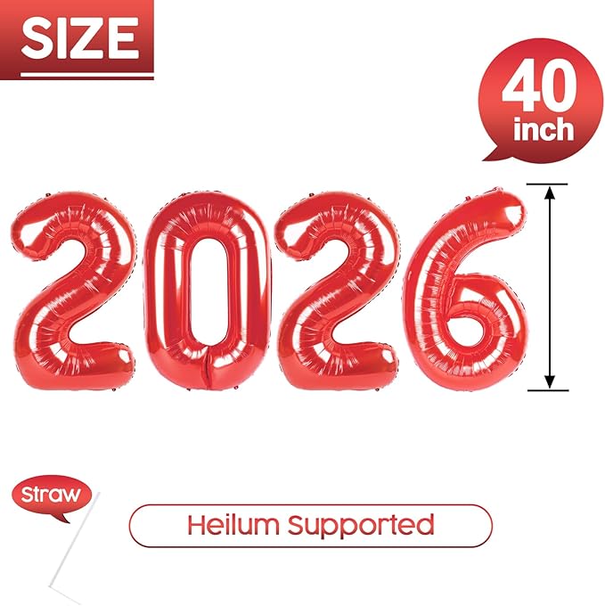 2026 Balloon - Red Birthday Number Balloons, 40 Inch Large Foil Balloons for Men Women Boys Girls Red Themed Birthday Decorations，Number 2026 Balloon