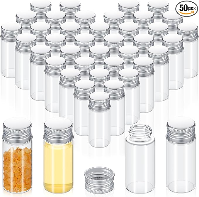 50 Pcs Small Clear Vials Spice Mini Jars with Lids Mini Glass Bottles with Screw Aluminum Metal Caps Tiny Jars Sample Containers for Powder Cream Cosmetic Jewelry Wedding (10 ml,Silver Caps)