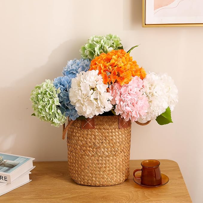 Tifuly Fake Hydrangea Artificial Flowers with Vase 4pcs Real Touch Faux Hydrangea with 3pcs Eucalyptus Stems for Wedding Centerpiece Home Party Table Decoration（Pink）