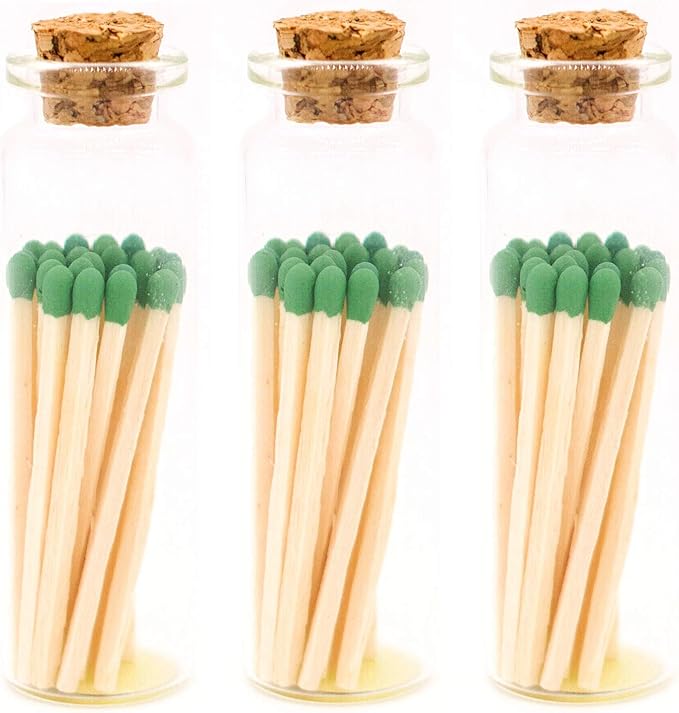 River Birch Decorative Matches in a Bottle with Striker - Cute & Colored Matches - 3 Bottles, Emerald Green Tip, 60 Matches