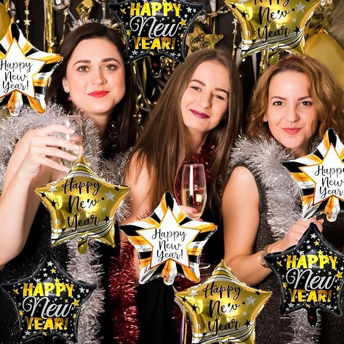 9pcs Happy New Year Balloons, Black and Gold Star Foil Balloon For 2026 New Years Eve Party Supplies