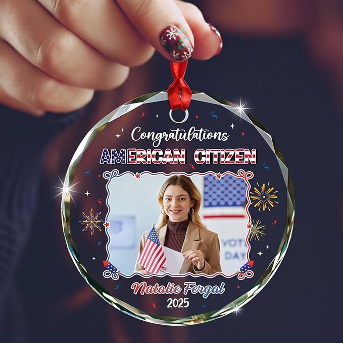 Personalized Congratulations American Citizen Ornament with Name & Photo, Upload Photo New American Citizen Xmas Tree Ornaments 2025, Customized Glass Christmas Ornament Gifts for Men Women Citizens