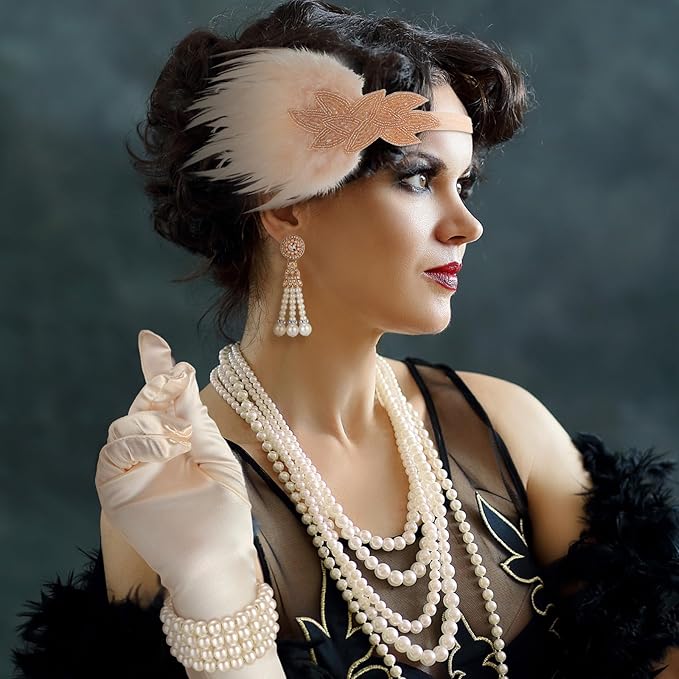 Maitys 1920s Accessories Set for Women Flapper Costume Feather Headband Necklace Bracelet Earrings