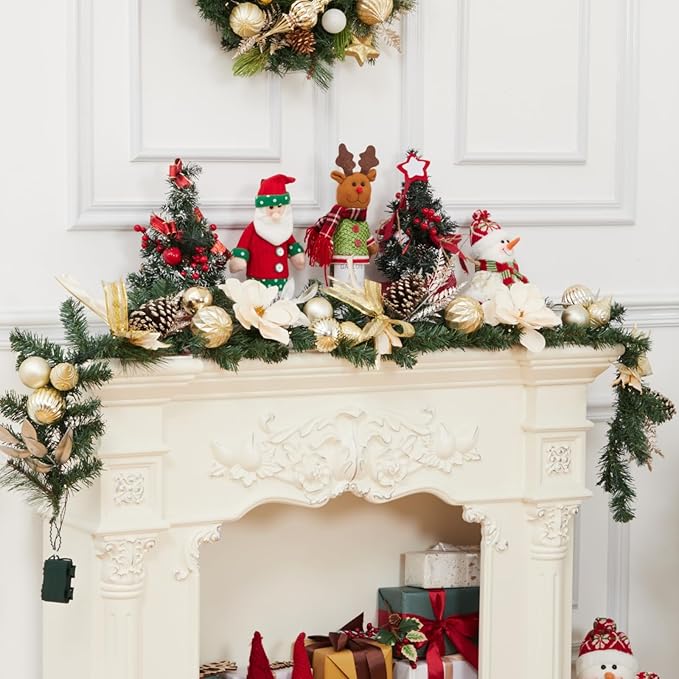 GarveeHome 6 ft Christmas Garland with Lights for Mantle, Lighted Battery Operated Christma Garland with Gold Balls Pine Cones Magnolia Flowers for Table Centerpiece Fireplace Window Outdoor Decor
