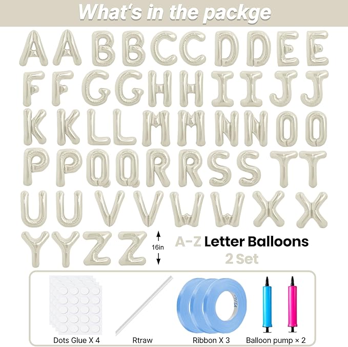 LIOZEOKUN Letter Balloons 16 Inch Alphabet A-Z Mylar Foil Balloons 2 Set for Wedding Birthday Party Decoration Banner Custom Phrase 52 Pcs