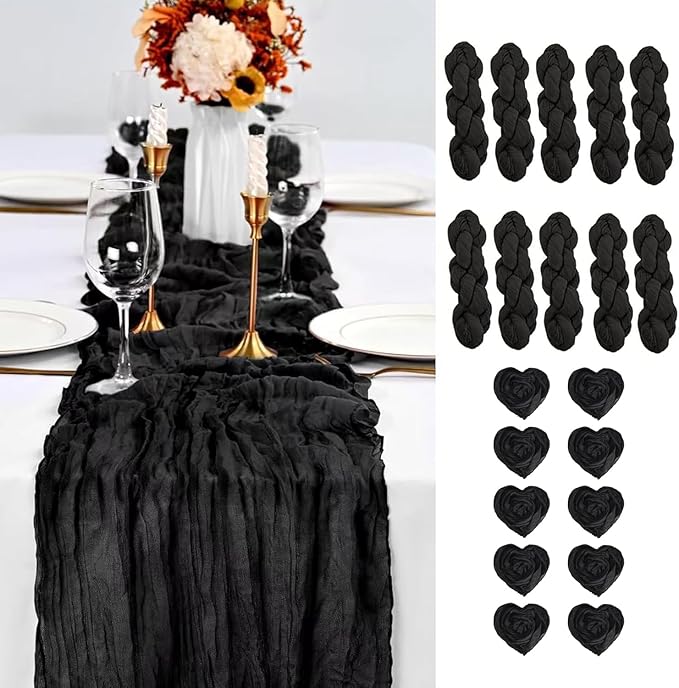 10 PCS Pack Black Cheesecloth Table Runner 10ft Boho Gauze Fabric Cheese Cloth Table Runner Comes with 10 Cloth Napkins Runner for Romantic Wedding Birthday Shower Party Table Decoration