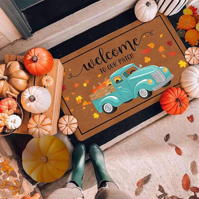 Thanksgiving Doormat Fall Truck Door Mat, Vintage Fall Truck Decor for Covered Outdoor Area Pumpkin Welcome Mat for Autumn Halloween Thanksgiving Farmhouse Decor, 24"x16"inch, 24"x16"inch