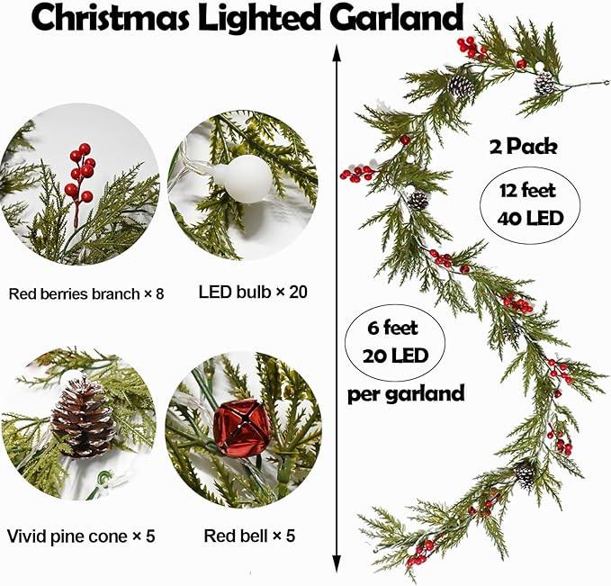 Christmas Garland 12FT 40 LED Bulbs Cypress Pine Garland with Lights Battery Operated with Bells Red Berries Pinecones Green Garlands Decoration for Xmas Holiday Thanksgiving New Year Home Decor