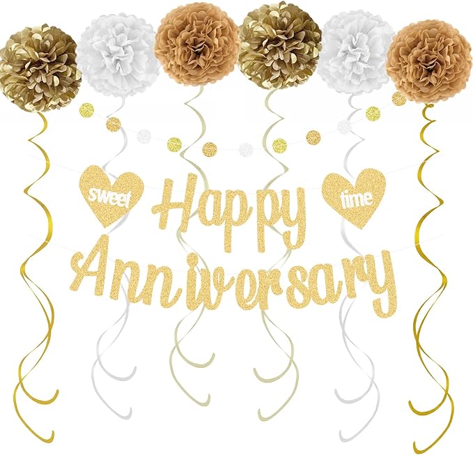 KOKAR Happy Anniversary Decorations – Gold Happy Anniversary Banner, Paper Pom Poms, Hanging Swirls and Glitter Circle Dots Garland for Wedding Decorations