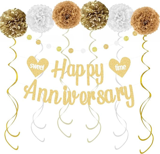 KOKAR Happy Anniversary Decorations – Gold Happy Anniversary Banner, Paper Pom Poms, Hanging Swirls and Glitter Circle Dots Garland for Wedding Decorations