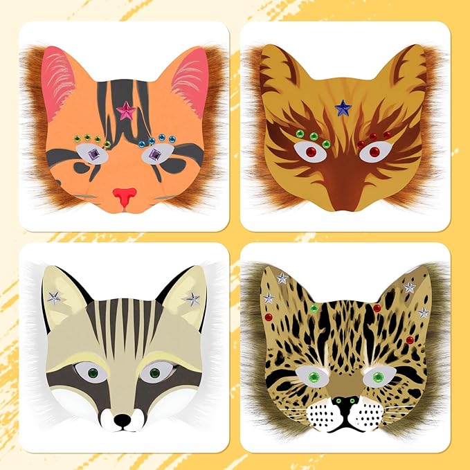 DIY Cat Fox Mask Set with Eye Meshes Stickers Faux Fur Fabric Strips for Halloween Masquerade Cosplay Party