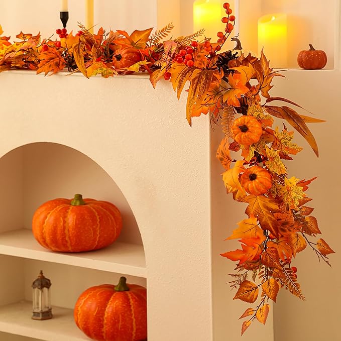6ft Fall Maple Leaves Garland with Fern, Willow Stems, Berry, Pumpkins, pinecones. Artificial Autumn Harvest Garland for Festivals, Thanksgiving, Halloween, Fireplace Porch Indoor Outdoor Decoration