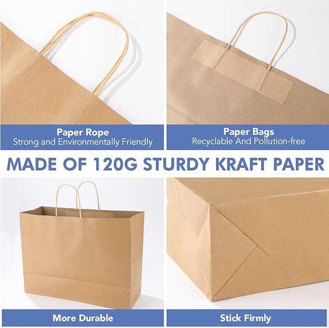 XPCARE 100Pack Large Paper Bags with Handles, 16x6x12 Inch Brown Paper Bag Kraft Shopping Bags for Business Merchandise Wedding Party Favor