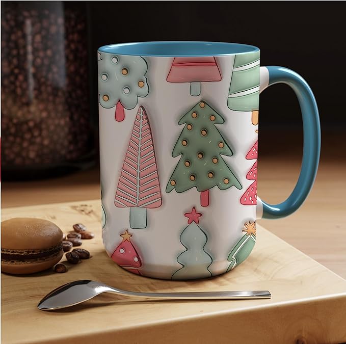 Christmas Trees Xmas 3D Inflated Mugs, Color Accent Coffee Cups, 11oz 15oz, Seasonal Gifts