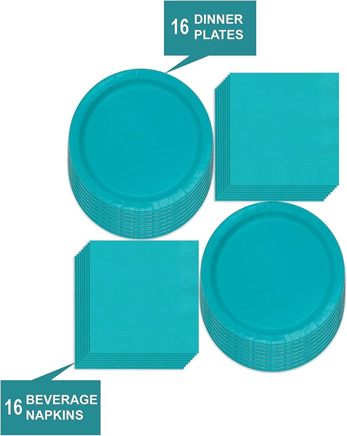 Caribbean Blue Paper Dinner Plates and Luncheon Napkins, Solid Blue Party Supplies and Summer Table Decorations (Serves 16)