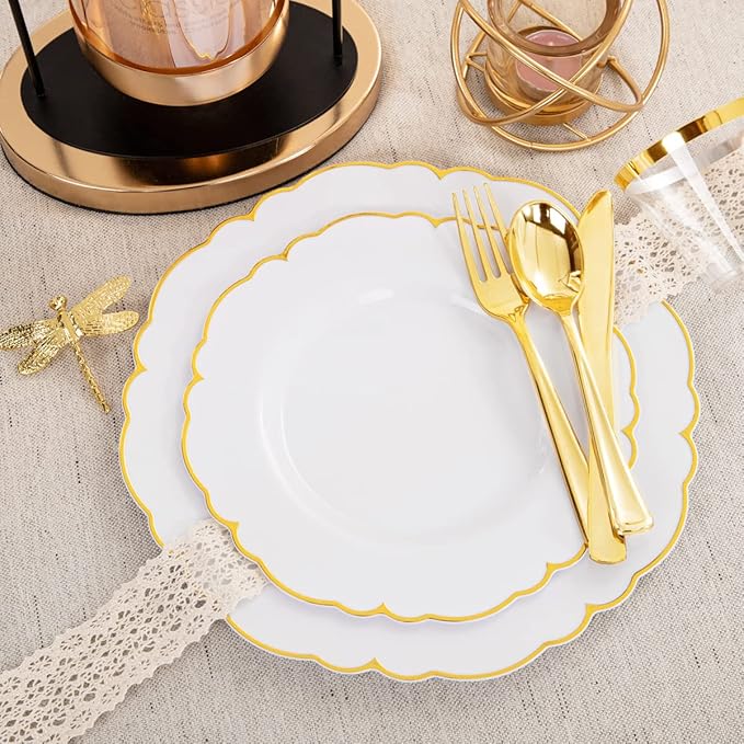 Morejoy 175PCS Gold Plastic Plates，White Gold Disposable Plates with Pre Rolled Napkins:25 Dinner Plates,25 Dessert Plates,25 Spoons,25 Forks,25Knives,25Cups,25Napkins for Party & Father's Day