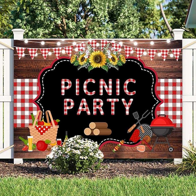 Sensfun Picnic Party Backdrop Wooden Gingham Red White BBQ Birthday Baby Shower Photography Background Sunflower Summer Outdoor Barbecue Party Decorations Banner Photo Booth Props 7x5ft