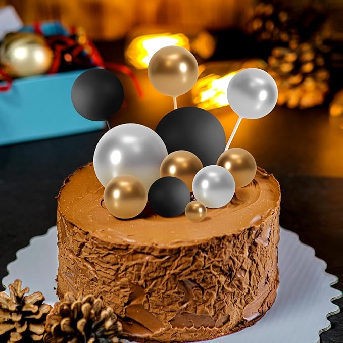 ASTARON 32 Pcs Ball Cake Topper Decorations Mini Balloons Cake Topper Sticks Foam Balls Cake Picks for Graduation Wedding Party Birthday Cake Decorations (Gold Silver Black)