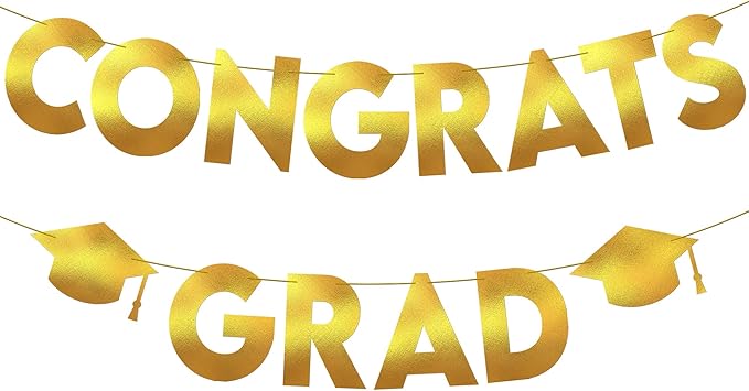 KatchOn, Glitter Gold and Black Congrats Grad Banner - 10 Feet | Gold and Black Grad Banner, Cap Garland for Graduation Cap Decorations 2025 | Graduation Decorations 2025