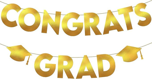 KatchOn, Glitter Gold and Black Congrats Grad Banner - 10 Feet | Gold and Black Grad Banner, Cap Garland for Graduation Cap Decorations 2025 | Graduation Decorations 2025