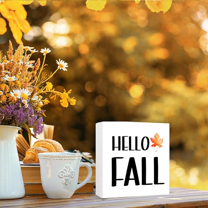 Funny Autumn Wood Box Sign Hello Fall Wooden Block Desk Decor for Home Office Kitchen Cubicle Table Shelf Tabletop,Farmhouse Fall Sign Decor