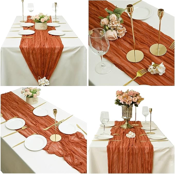 24 Pack Cheesecloth Table Runner, 35x120 Inch Terracotta Table Runners Rustic Burnt Orange Cheese Cloth Boho Gauze Semi Sheer Runner for Wedding Baby Shower Fall Thanksgiving Home Decor