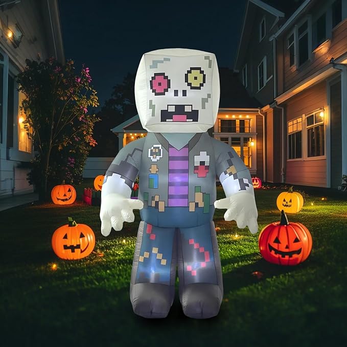 LANGXUN 8ft Pixel Zombie 2025 Halloween Inflatable Decoration - Giant Blow-Up Outdoor Indoor Cute Skeleton Ghost Yard Decor with LED Lights for Lawn, Garden, Patio Party Display
