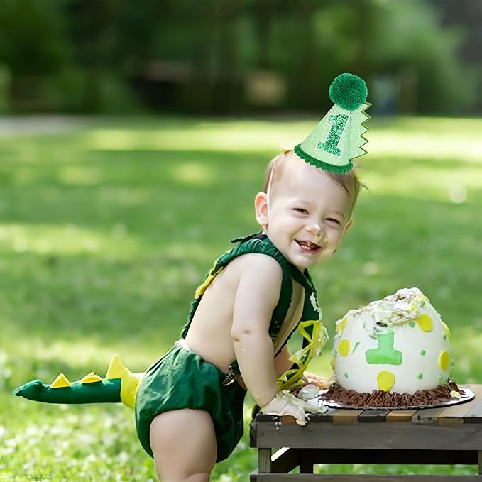 Green Glitter Dinosaur Birthday Cone Hat for 1-5 Years Old Kids Boys Dino Dinousour Birthday Hat Party Decoration