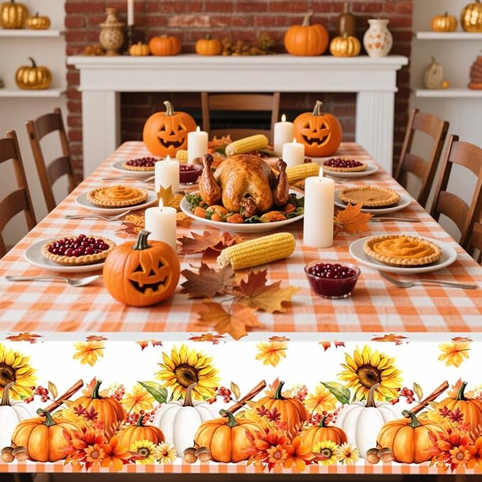 Fall Tablecloth, 2 Pack Thanksgiving Tablecloths Pumpkin Maple Leaves Plastic Table Cloth Disposable Rectangle Plaid Autumn Table Cover for Thanksgiving Day Party Decorations Tables Decor, 54x108 Inch