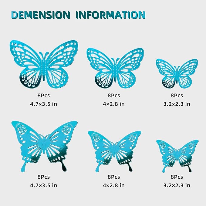 Light Blue Butterfly Decorations, 48Pcs 2 Styles 3 Sizes Butterflies for Grad Graduation Caps Cake Cupcake Toppers, 3D Paper Sticker for Bouquets Birthday Baby Shower Kids Girl Room Wall Nursery Decor