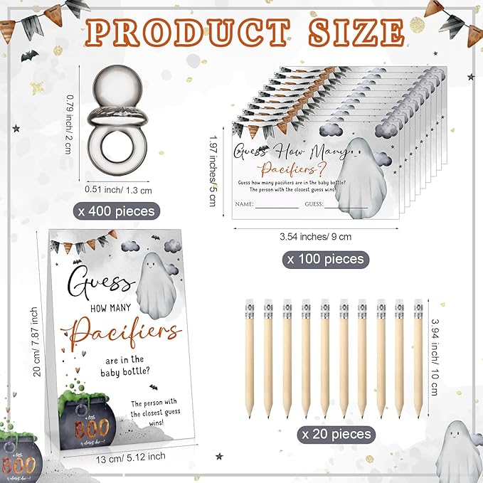 Roowest 512 Pcs Baby Shower Games Guess How Many Pacifiers Sign 100 Small Guessing Games 10 HB Pencils 750ml Milk Bottle 400 Acrylic Pacifiers Decoration for Guest Gender Reveal (Pink,Halloween)