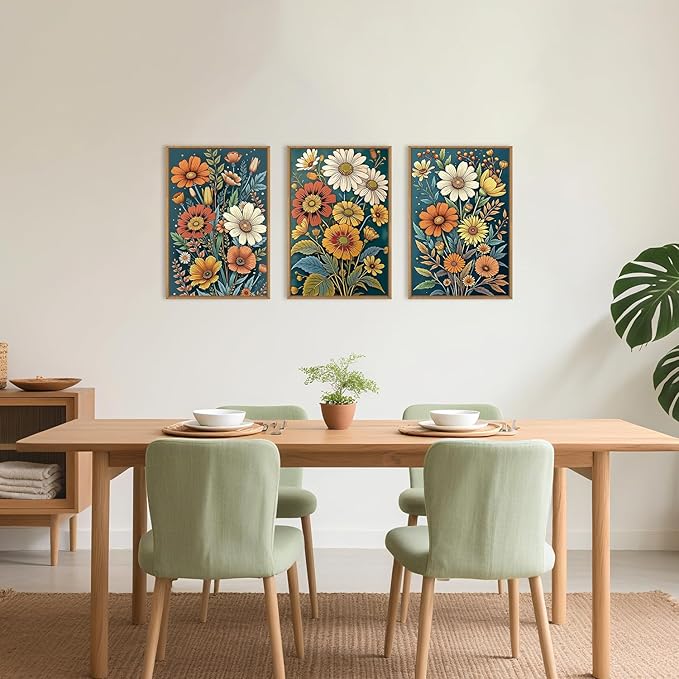 HOURIA Retro Boho Flower Framed Canvas Wall Art Set,Colorful Wilderness Floral with Green Leaves Wall Decor,Nature Botanical Wall Painting,Vintage Bouquet Art Prints for Living Room, Bedroom-16"x24"x3