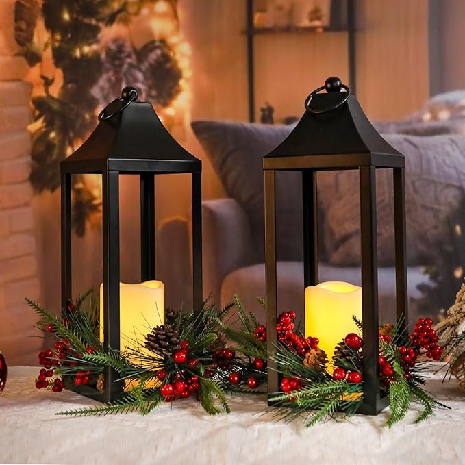 Christmas Lanterns Decorative Indoor, 2 Pack Christmas Lantern Outdoor, 16 Inch Decorative Candle Lanterns Flameless Light with Pine Cones and Berries for Table Centerpieces,Home, Porch Decor