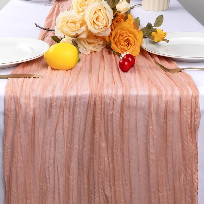 6 Pack Peach Cheesecloth Table Runner 10FT Boho Gauze Fabric Table Runner 35 x 120 Inch Rustic Sheer Runner for Centerpiece Wedding Decor Baby Shower Party Boho Table Decoration
