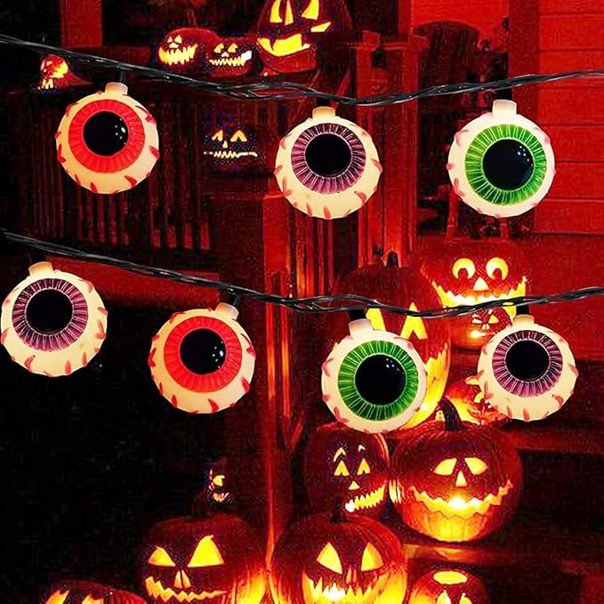 Halloween Eyeball String Lights, 8.5Ft Halloween Decorative String Lights with 10 Multicolor Eyeball Bulbs, UL Listed Waterproof for Indoor/Outdoor Use, Patio, Garden, Gazebo, Door Decoration, Black