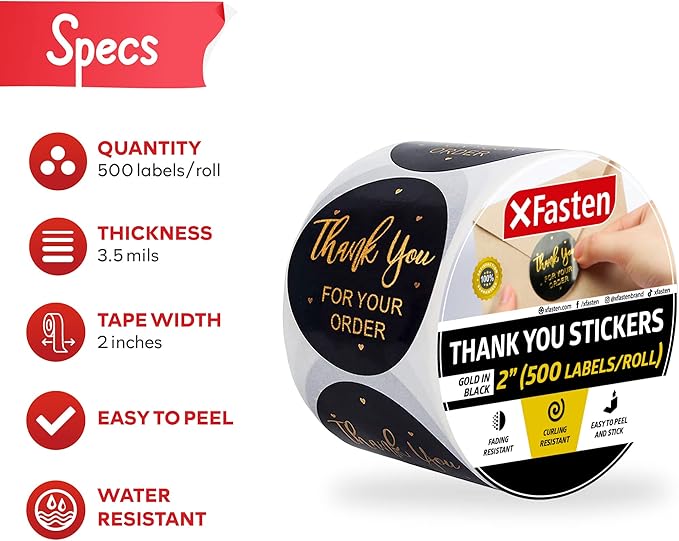 XFasten 2" Thank You Stickers Roll, 500 Gold Foil Round Sticker Label Per Roll, Black | Thank You Stickers Small Business Supplies | Round Thank You Sticker Tags for Shipping | Microwave-Safe